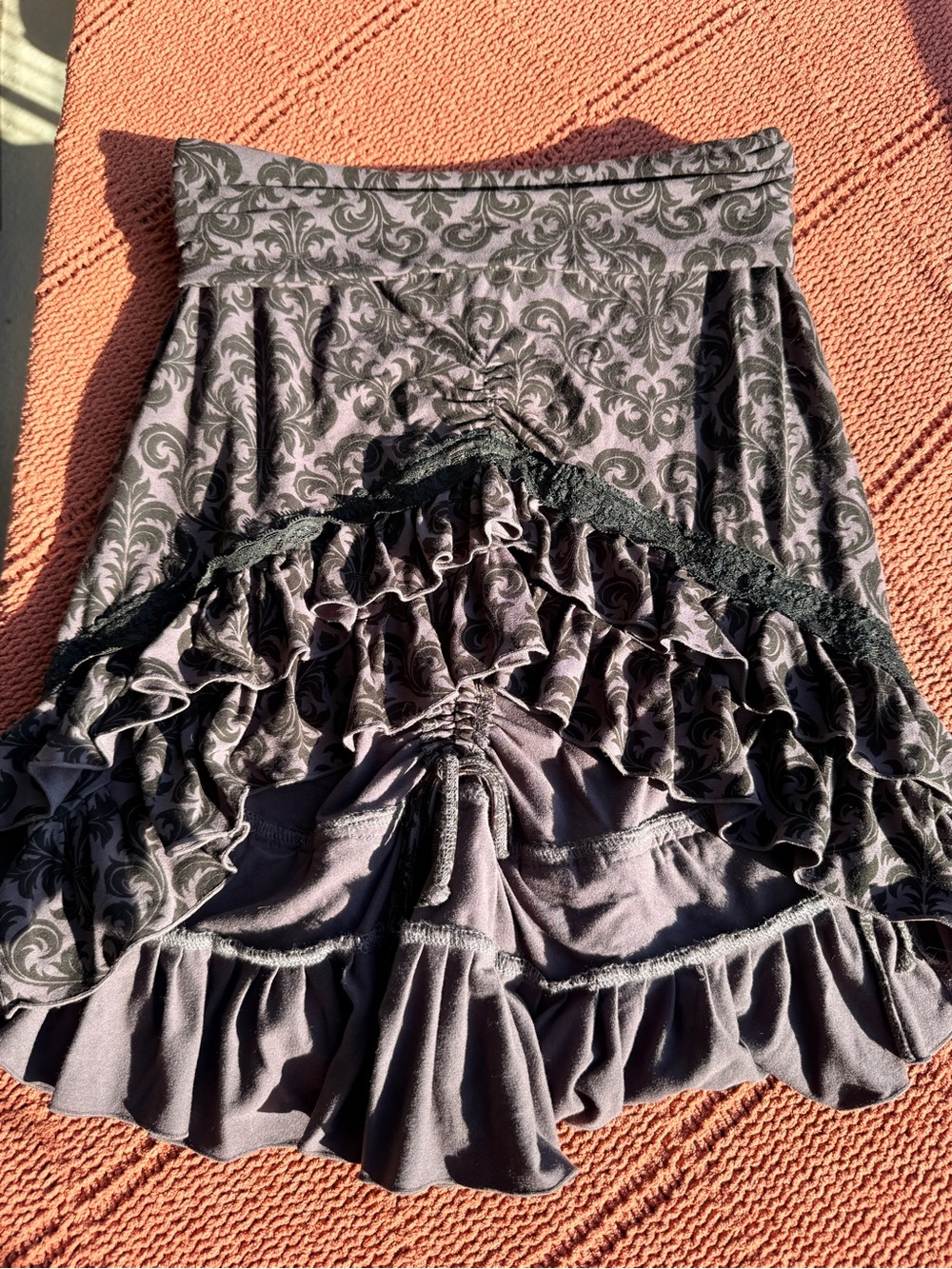 Women's Gray Ruffled Tiered Skirt with Lace trim also use as Shirt